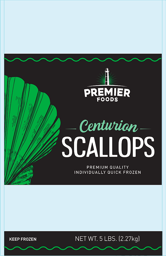 Front packaging design of Centurion Sea Scallops from Premier Foods.