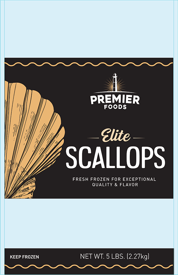 Front packaging design of Elite Sea Scallops from Premier Foods.