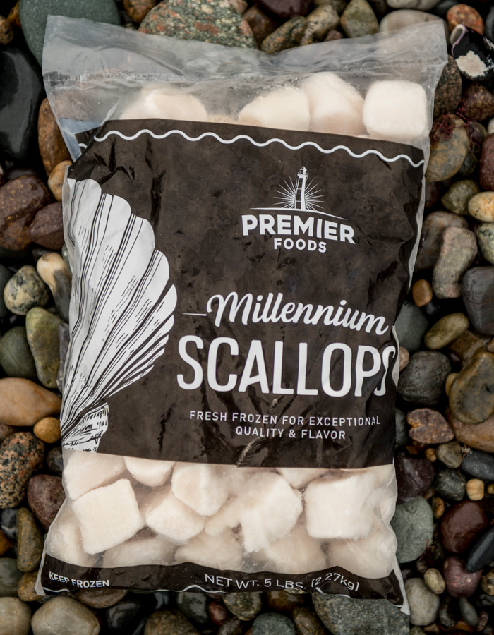 Premier Foods Millennium Sea Scallops 5lb. package.