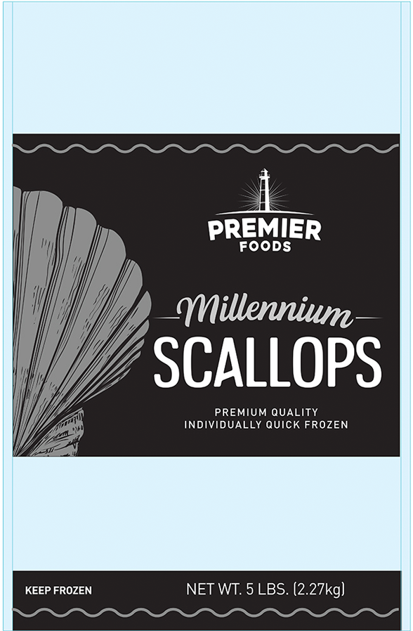 Front packaging design of Millennium Sea Scallops from Premier Foods.