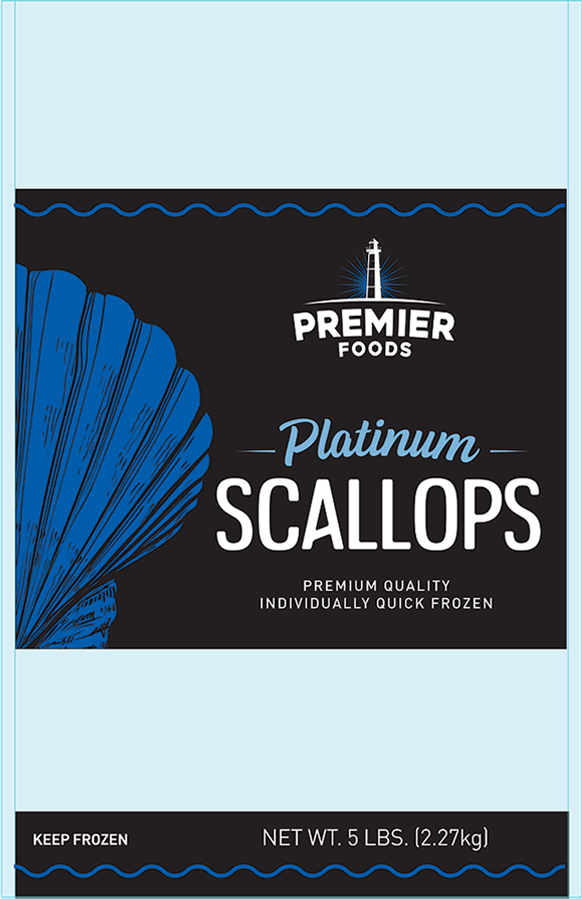 Front packaging design of Platinum Sea Scallops from Premier Foods.