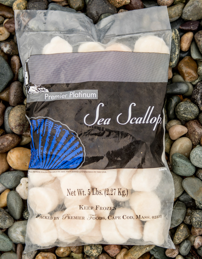 Premier Foods Platinum Sea Scallops 5lb. package.